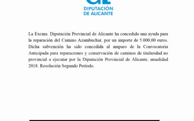 SUBVENCIÓN DIPUTACIÓN ALICANTE PARA ARREGLO CAMINO AZAMBUCHAR